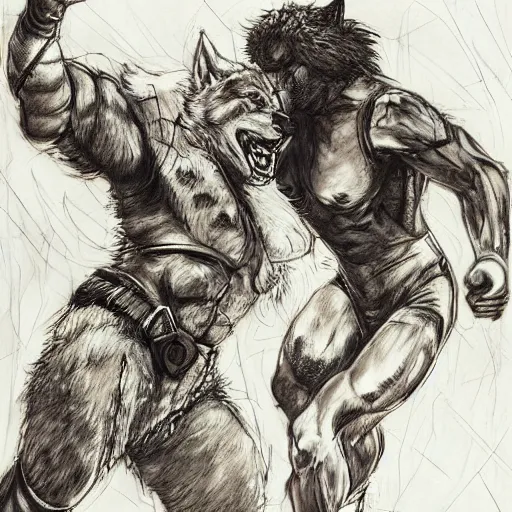 Image similar to a humanoid german shepherd beast - man wrestling with another german shepherd in the middle of an arena, pencil art, added detail, high definiton, colored, aerial viewyoji shinkawa