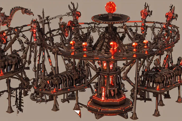 Image similar to 3d sculpt of an evil ironwork carousel made of bones and skulls, artstaton, League of Legends, red dead redemption2, overwatch, digital illustration