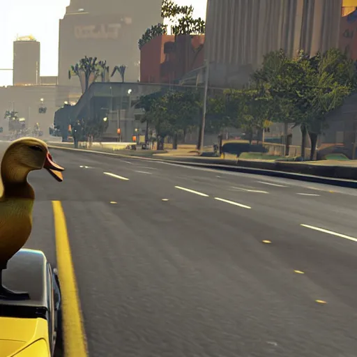Prompt: a duck on the loading screen of grand theft auto v