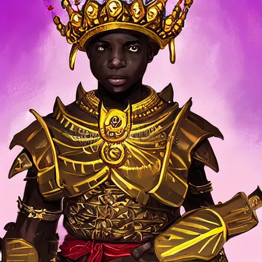 Image similar to a young black boy dressed like an african moorish warrior in gold armor and a crown with a ruby, and a very ornate glowing electric spear!, for honor character digital illustration portrait design, by android jones in a psychedelic fantasy style, dramatic lighting, hero pose, wide angle dynamic portrait