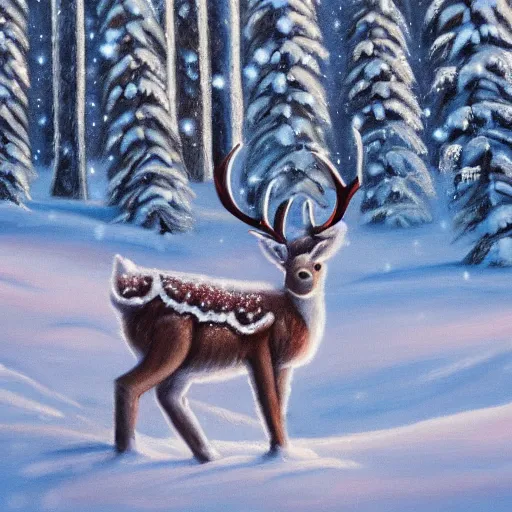 Prompt: cute fluffy baby reindeer sitting in snowy winter forest landscape detailed painting 4k