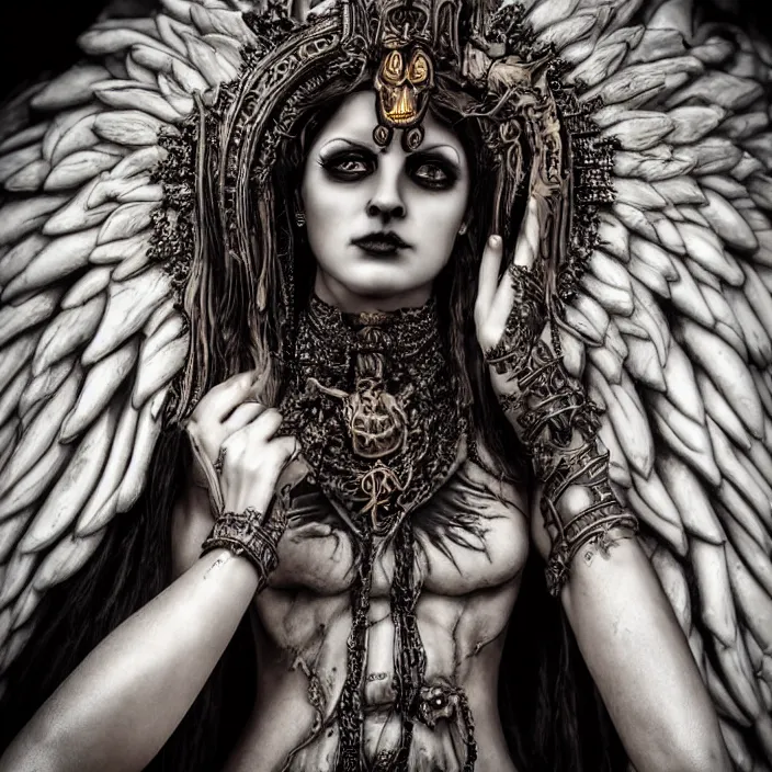 Prompt: candid photography, close up portrait, goddess of death, by anne stokes, updo, highly detailed, uhd