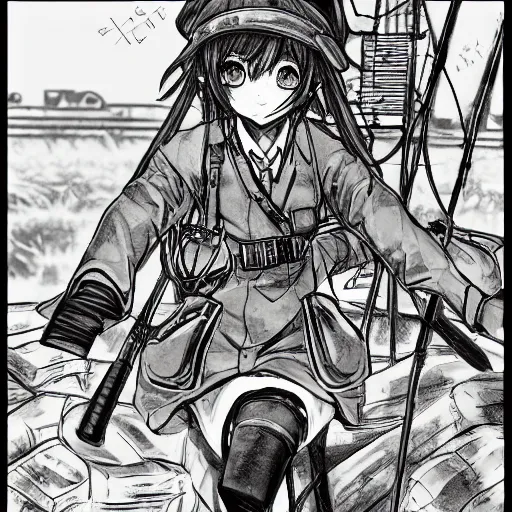 Prompt: manga style, black line art, portrait of girl, under artillery fire, trench sandbags in background, soldier clothing, military gear, short hair, hair down, symmetrical facial features, realistic face, 4 k, detailed drawing, mangadex, by kentaro miura