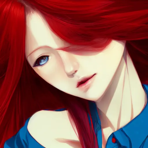 Image similar to full headshot portrait of woman with red hair and blue, digital art, drawn by WLOP, by Avetetsuya Studios, anime manga panel, trending on artstation, wearing a plaid shirt