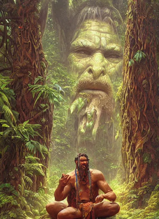 Image similar to a shaman sitting in the jungle, with giant face of an ancestor in a tree behind him, hyper detailed, art by christophe vacher