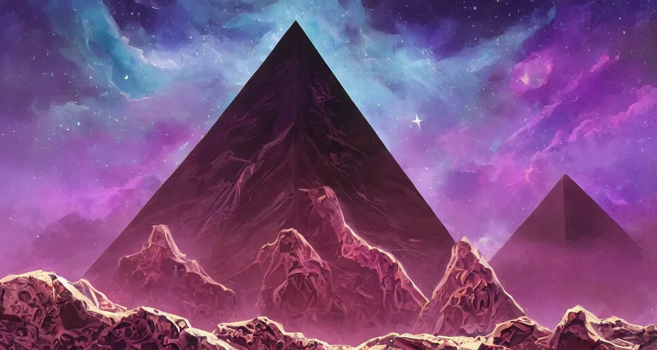 Image similar to black lovecraftian eldritch!! obsidian pyramid!! with a man standing on top of it on calm seas, cosmic purple space!, bright stars, nebula, sky background by eugene von guerard, ivan shishkin, night, cosmic brightly purple space stars, concept art, trending on artstation, 8 k