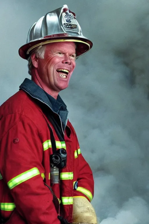 Prompt: kevin tighe wearing a fireman helmet with the number 5 1 on it, standing in a fire laughing