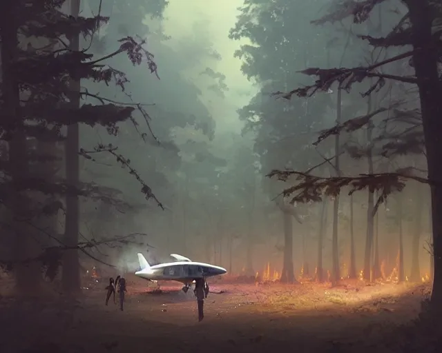 Prompt: a crash-landing sight of a tall spaceship in a forest on the ground, smoke in the air, atmospheric lighting, debris on ground, smoke and flame on ship. By Makoto Shinkai, Stanley Artgerm Lau, WLOP, Rossdraws, James Jean, Andrei Riabovitchev, Marc Simonetti, krenz cushart, Sakimichan, trending on ArtStation, digital art.