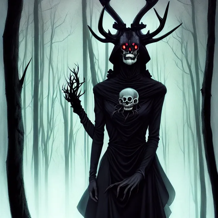 Image similar to style artgerm, joshua middleton, steve niles, gerald brom, scary wendigo with antlers and skull face mixed with werewolf, beautiful witch wearing a black dress on the right side, in the forest, detailed, dark and foggy, cinematic lighting