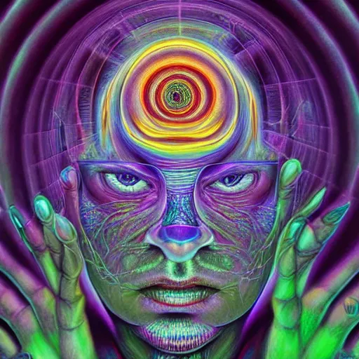 Prompt: photorealistic sage of the third eye as a dmt entity in the style of alex grey and michael whelan. hyperdetailed photorealism, 1 0 8 megapixels, amazing depth, high resolution, 3 d shading, 3 d finalrender, 3 d cinematic lighting, glowing rich colors, psychedelic overtones, artstation concept art.
