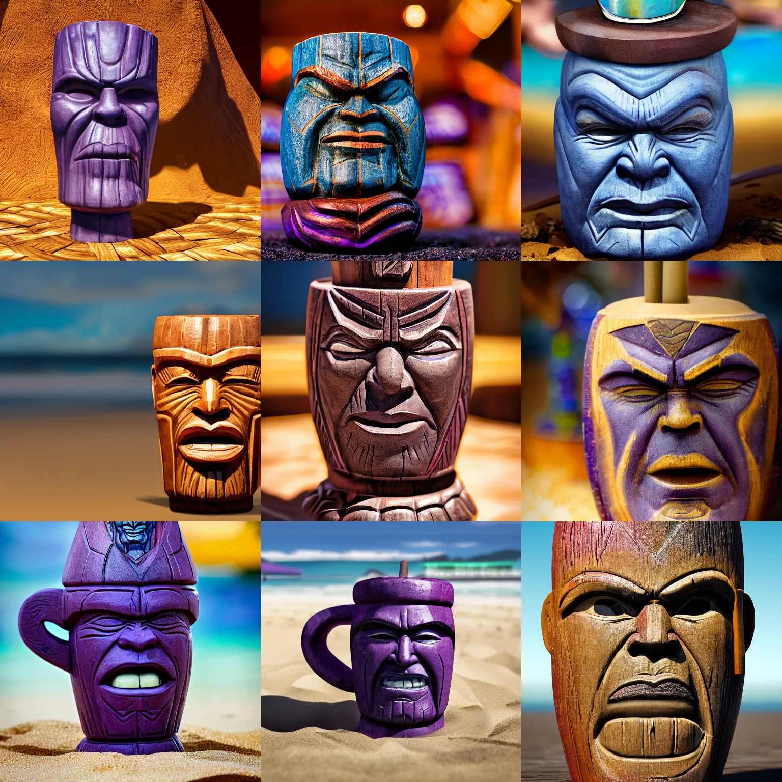 Prompt: a closeup photorealistic photograph of a thanos style tiki mug sitting on a trader vic's beach bar featuring the face of thanos. tiki party. bright scene. fine detail. this 4 k hd image is trending on artstation, featured on behance, well - rendered, extra crisp, features intricate detail, epic composition and the style of unreal engine.