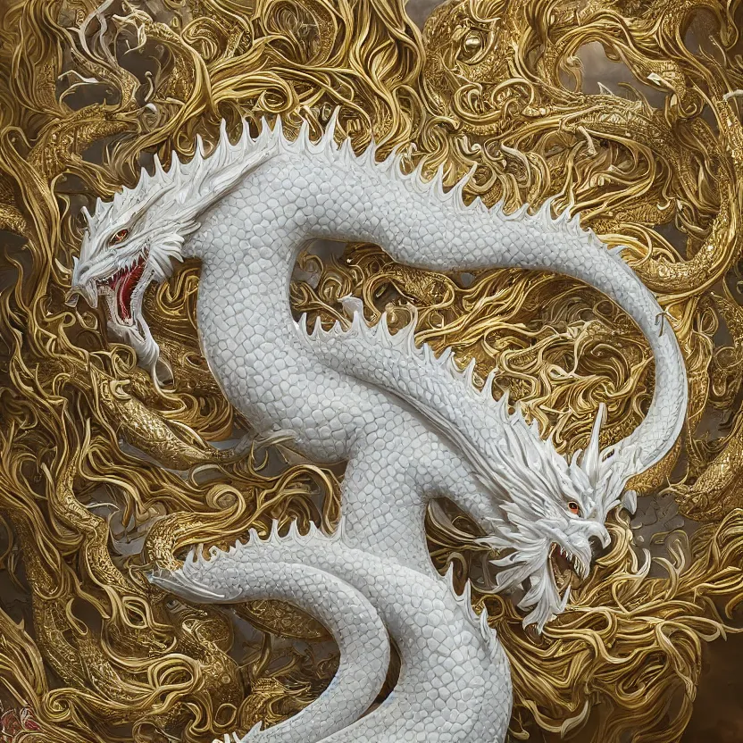 Prompt: amazing exquisite matte painting, close - up portrait of a chinese white dragon, sacred, shimmer, exquisite detail, huge details, gold detailed line work, by xision and yukii morita,, james jean, trending on artstation