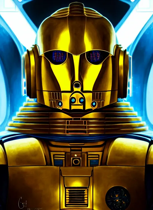Prompt: symmetry portrait of c 3 p 0, sci - fi, tech wear, blue and yellow glowing lights, intricate, elegant, highly detailed, digital painting, artstation, concept art, smooth, sharp focus, illustration, art by artgerm and greg rutkowski and alphonse mucha