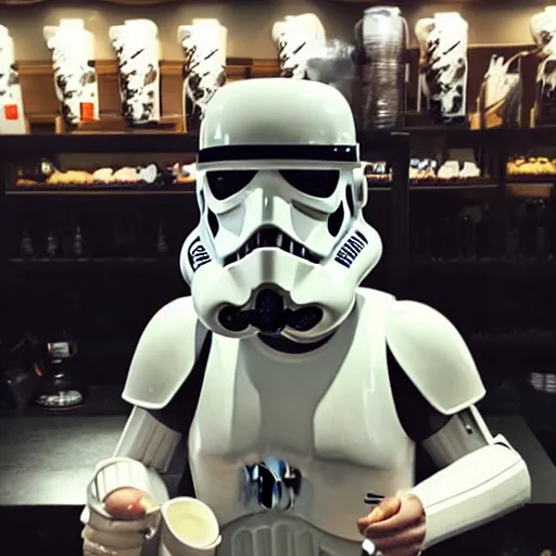 Prompt: stormtrooper drinking Starbucks