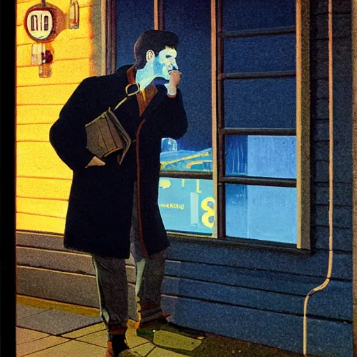 Prompt: 1 9 7 0 : a hirsute broad man in a { denim shearling jacket } smokes a { lit cigarette } outside a lonely bar in queens at 1 am, high quality high detail art by angus mcbride & n. c. wyeth, hd, realistic, photorealistic lighting, composition inspired by gregory crewdson.