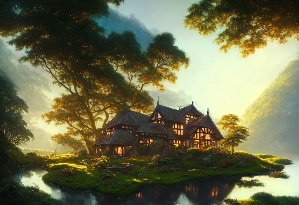 Prompt: one small tudor house on a hillside surrounded by jungle with a pond, blue sky, cinematic view, detailed architecture, concept art, high detail, well lit, volumetric, godrays, vivid, trending on artstation, by jordan grimmer, art greg rutkowski