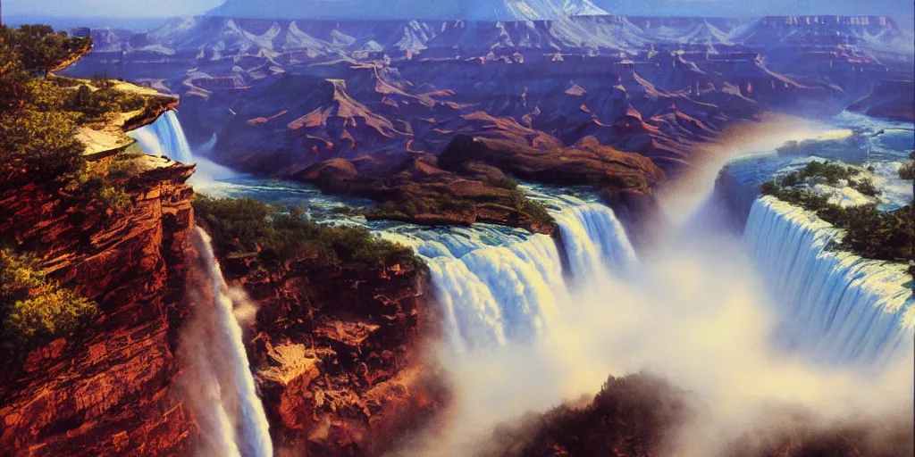 Image similar to Grand Canyon, Niagara Falls, Mount Fuji, cinematic lighting, detailed oil painting, hyperrealistic, 8k