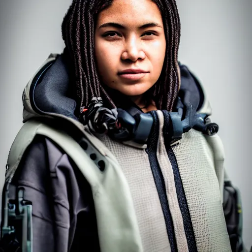 Image similar to photographic portrait of a poor techwear mixed woman, closeup, sigma 85mm f/1.4, 4k, depth of field, high resolution, 4k, 8k, hd, full color