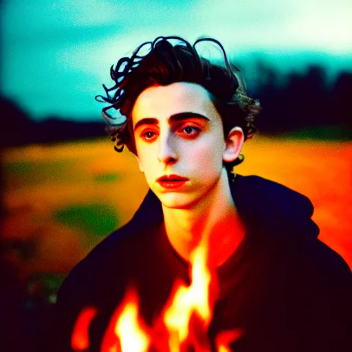 Prompt: photo of timothee chalamet, facing the camera, kodak ektachrome, portrait, close up, kodak gold 2 0 0, 5 0 mm, fuji 8 0 0, polaroid, night time, bonfire, low light