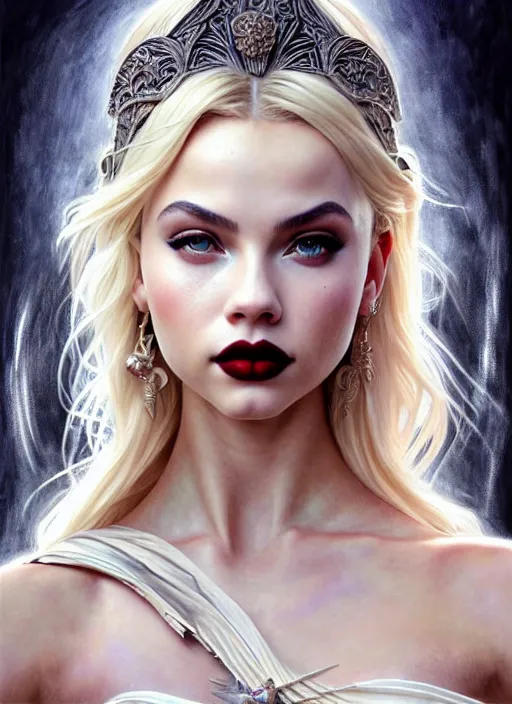 Image similar to ultra realistic illustration, a stunningly beautiful greek gothic goddess of chaos played by jordyn jones and dove cameron and margot robbie and taylor swift and megan fox, adriana lima, intricate, elegant, highly detailed, digital painting, artstation, concept art, smooth, sharp focus, illustration, art by artgerm and greg rutkowski and alphonse mucha