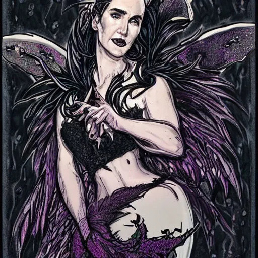 Image similar to Jennifer Connelly as dark fae gothic atompunk evil Disney villain queen with black feather hair, feathers growing out of skin, shedding feathers, in front of space station window, Mike mignola, trending on artstation, comic book cover, illustration