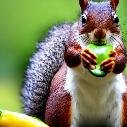 Image similar to a photograph of a Squirrel winces in disgust whilst holding a pepper