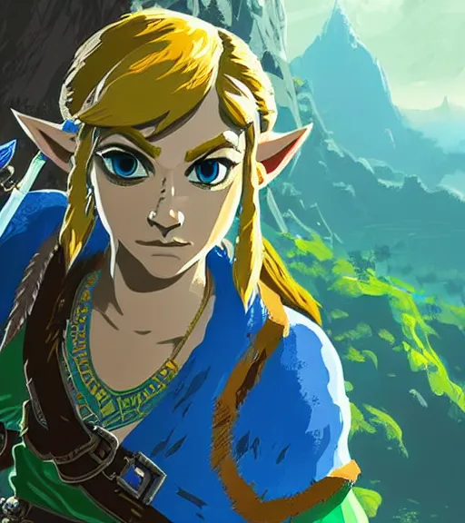 Prompt: highly detailed portrait zelda link breath of the wild, warcraft style, lord of the ring style, 4 k, unreal engine, detailed and intricate environment