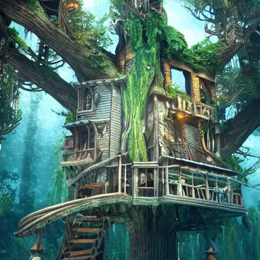 Image similar to underwater tree house, full - body : : symmetrical, eerie, insanely detailed, hypermaximalist, elegant, hyper realistic, super detailed, pastel colors, cinematic, unreal engine, 8 k,