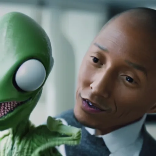 Image similar to cinematic film still of Pharrell Williams Making A Beat with an anthropomorphic alien, Japanese VFX, 2018, 400mm lens, f1.8, shallow depth of field,film photography