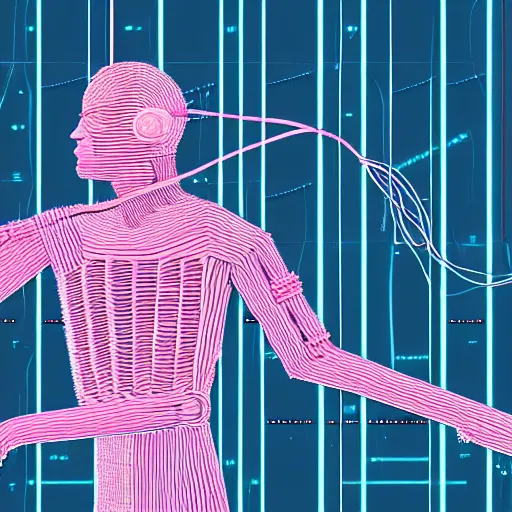 Prompt: illustration of a human form made of pink patch cables, using a large modular synthesizer