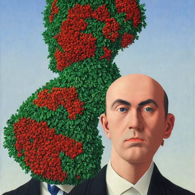 Image similar to portrait of man in a suit, his head is made out of flowers, by rene magritte, detailed painting, hd, hq, high resolution, high detail, 4 k, 8 k