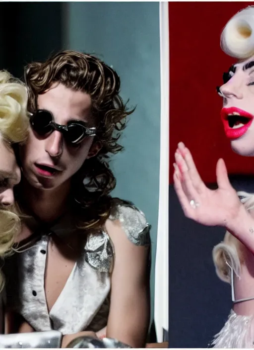 Prompt: timothee chalamet meets lady gaga, canon, highly realistic. high resolution. highly detailed 8 k. 4 k.