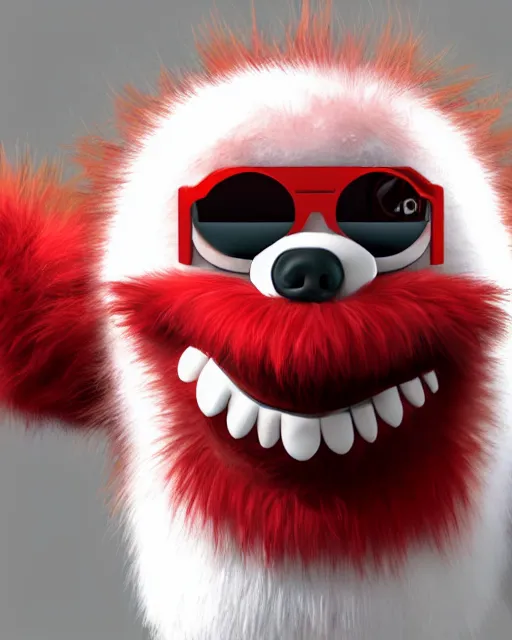 Image similar to 3 d render of completely red hairy friendly monster smiling wearing chrome shades, full body, simple, cute, cartoony, white background, unreal engine 5 hdr