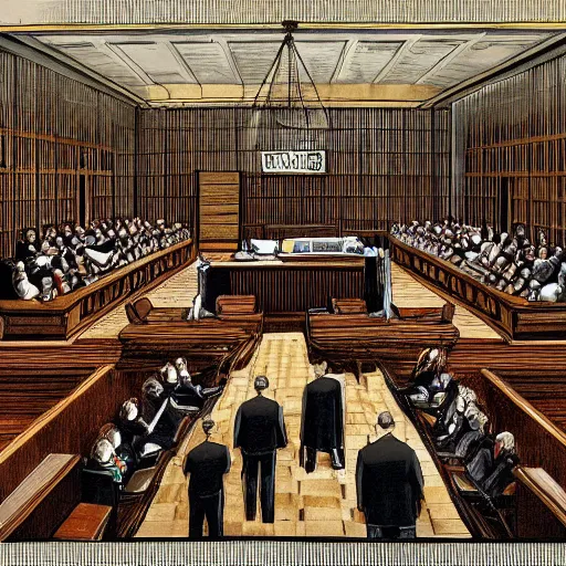 Image similar to Digital art about a huge courtroom with lots of people. The defendant and the accused are on a floating platform. Fantastic detail, astonishing composition, award winning.