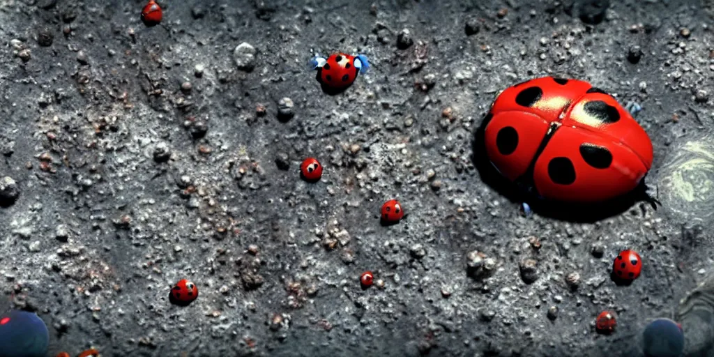 Image similar to a 3 d rendered movie still from a distance of 3 0 m of a ladybug 1 million years from now. the ladybug is sentient, wears tiny spacesuit, and conquered space exploration in a tiny space ship. science fiction blockbuster movie ladybugs rule the world, imax 7 0 mm. bladerunner.
