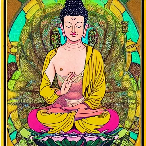 Image similar to buddha, mucha style,