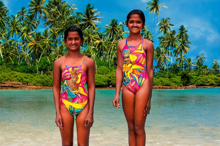 Image similar to a happy sri lankan girl in swinsuit at the beach with iridescent skin by kehinde wiley