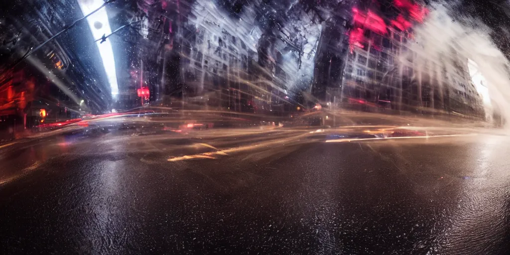 Image similar to fisheye slow motion with trail effect of futuristic break dancer with flowing long dark cloak and tongue of fires, long exposure shot , enigmatic, at night in the middle of a rainy street, paddle of water, steam, fog, water splashes, rim lights, glossy reflections, water droplets on lens, octane render, Volumetric Golden dappled dynamic lighting, dark and dramatic, detailed and soft,