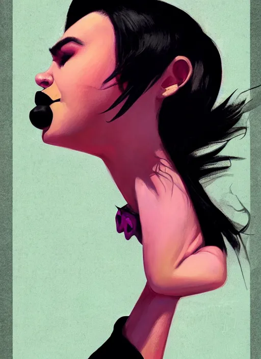 Image similar to portrait of a plump woman with a crooked nose and a confident expression, 1 9 6 0 s, black clothes, goth, punk, brightly coloured hair, funk, intricate, elegant, highly detailed, digital painting, artstation, concept art, smooth, sharp focus, illustration, art by wlop, mars ravelo and greg rutkowski