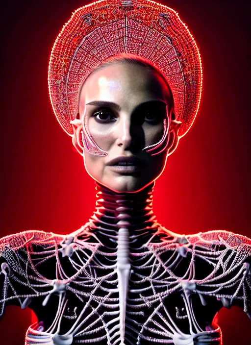 Image similar to portrait of an absurdly beautiful, graceful, sophisticated, fashionable futuristic female skeleton with sections of skin showing, natalie portman, hyperdetailed illustration by irakli nadar and alexandre ferra, intricate linework, faberge, intricate chrome headdress, dark atmosphere, glowing red eyes, unreal engine 5 highly rendered, global illumination, radiant light, detailed and intricate environment