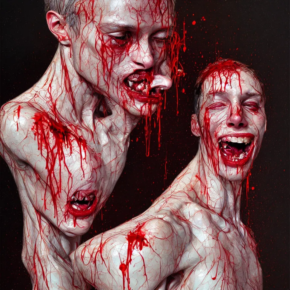 Prompt: bright realistic anorexic man puking blood and smiling franticly, apartment, rotten flesh, diffuse lighting, fantasy, intricate, elegant, highly detailed, lifelike, photorealistic, digital painting, artstation, illustration, concept art, smooth, sharp focus, art by francis bacon and jenny saville