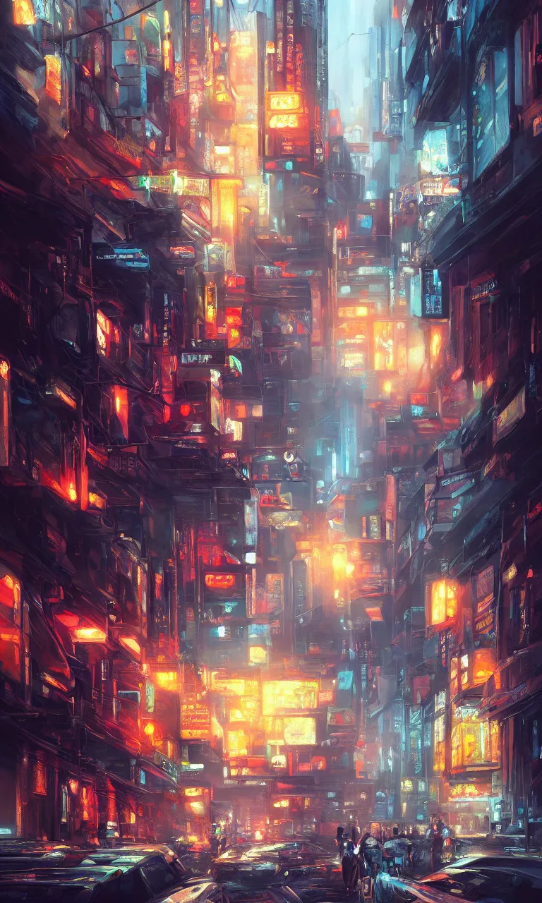 Image similar to an epic painting of the city street road, oil on canvas, cold colors, perfect composition, golden ratio, beautiful detailed, photorealistic, digital painting, artstation, concept art, smooth, sharp focus, illustration, cyberpunk background, artstation trending, octane render, unreal engine