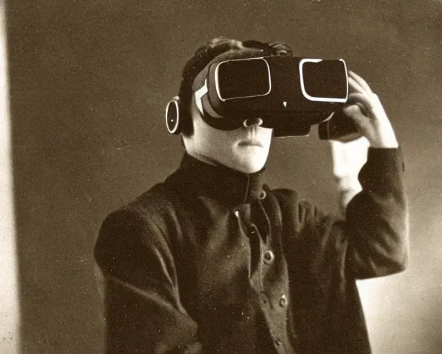 Prompt: 1 9 0 0 s photo of a person wearing a vr virtual reality headset