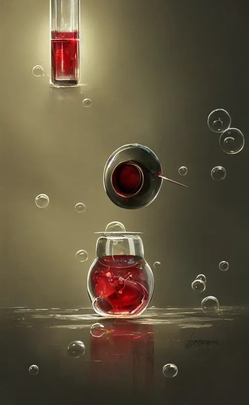 Image similar to a beautiful painting illustration of a health potion, scratched vial, bubbles, crimson, by greg rutkowski, featured on artstation, rpg item