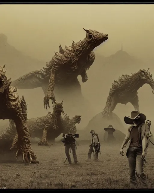 Image similar to cowboys vs kaiju, vintage old, sepia, retrofuturism sci - fi old movie, highly detailed, photorealistic, 8 k, by beksinski and stalenhag