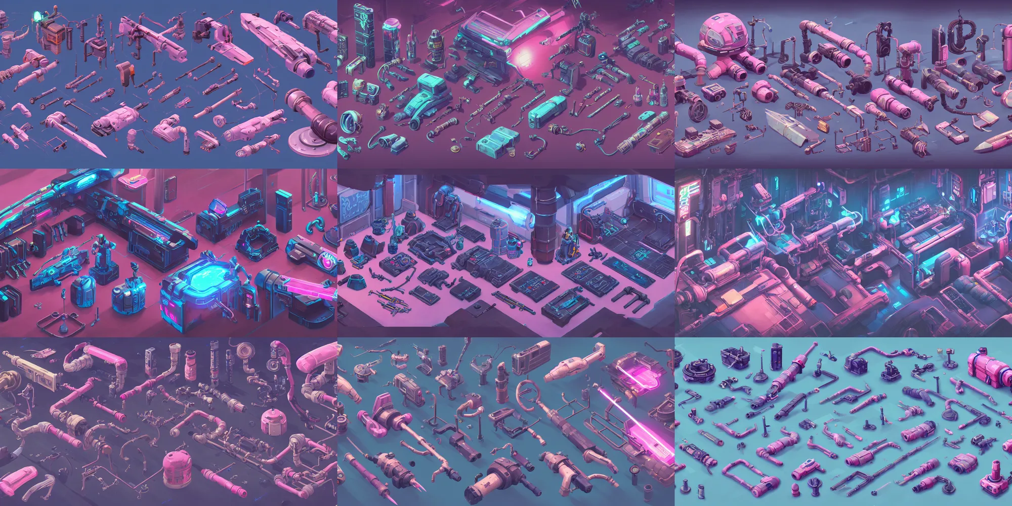 Prompt: game asset of the sims cyberpunk utensils of pipes and cables and mechanical, cockpit interior furniture and decor, vehicles and starship, in gouache detailed paintings, props, stylized, 2 d sprites, kitbash, arcane, overwatch, blue and pink color scheme, 8 k, close up
