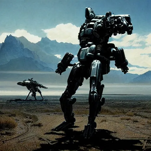 Image similar to cinematic still in westworld, mech by mamoru nagano