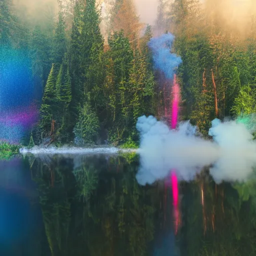 Image similar to rainbow neon sign half circle in water reflected on misty mountain lake at midday, surrounded by beautiful forest, sunny summertime sunlit daylight, twisting smoke bomb, hdr, smoke on water, 4 k, award winning photography, volumetric lighting, artstation