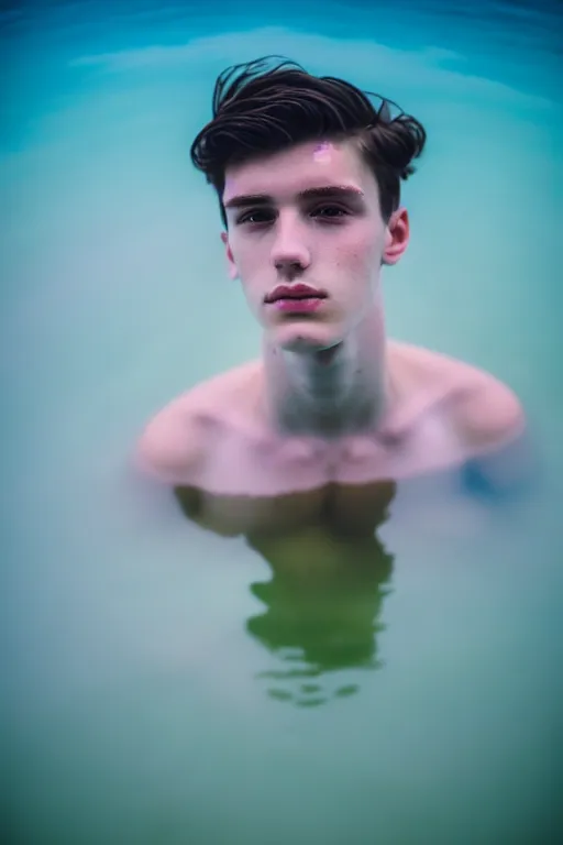 Image similar to high quality pastel coloured film mid angle docu photograph of a beautiful young 2 0 year old male, soft features, short black hair, floating in an icelandic black rock pool environment. atmospheric. three point light. photographic. art directed. ( pastel colours ). volumetric light. clearcoat. waves glitch. 8 k. filmic.