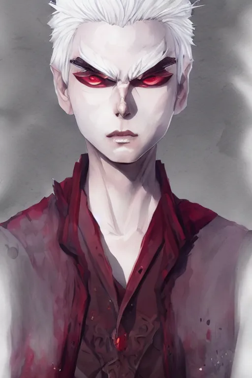 Image similar to Full body Portrait of young, evil anime villain with white hair and dark red eyes\', full of details, watercolor painting, concept art, smooth, by Ina Wong and wlop ，trending on cgsociety and artstation，8kHDR，light effect